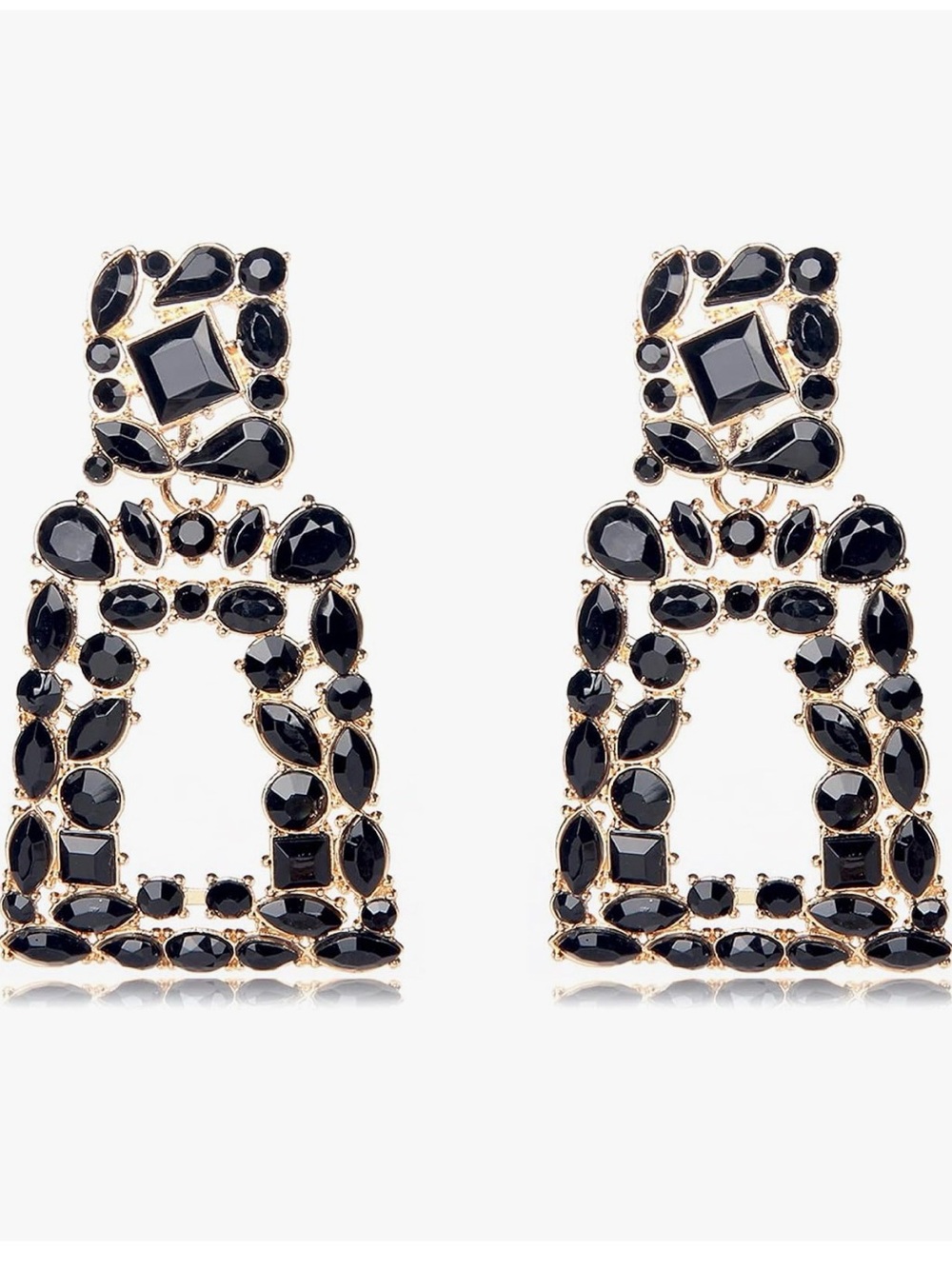 Gold-Plated Black Crystal Drop Statement Earrings